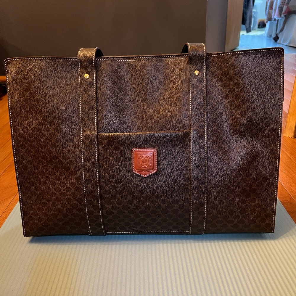 Celine Vintage Brown Triomphe Macadam Canvas Tote Shoulder Bag